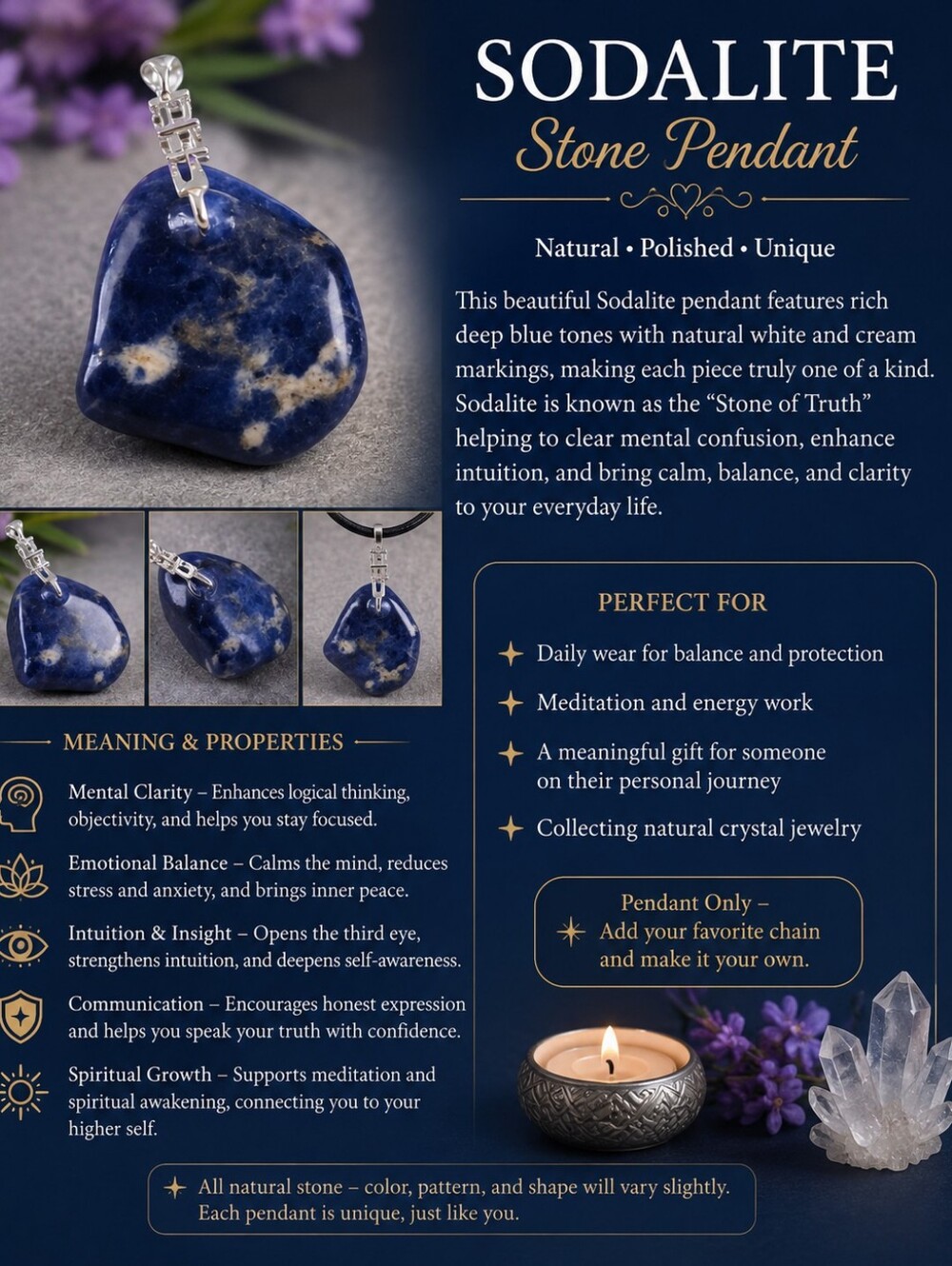 Sodalite Stone Pendant Necklace - Deep Blue Natural Gem